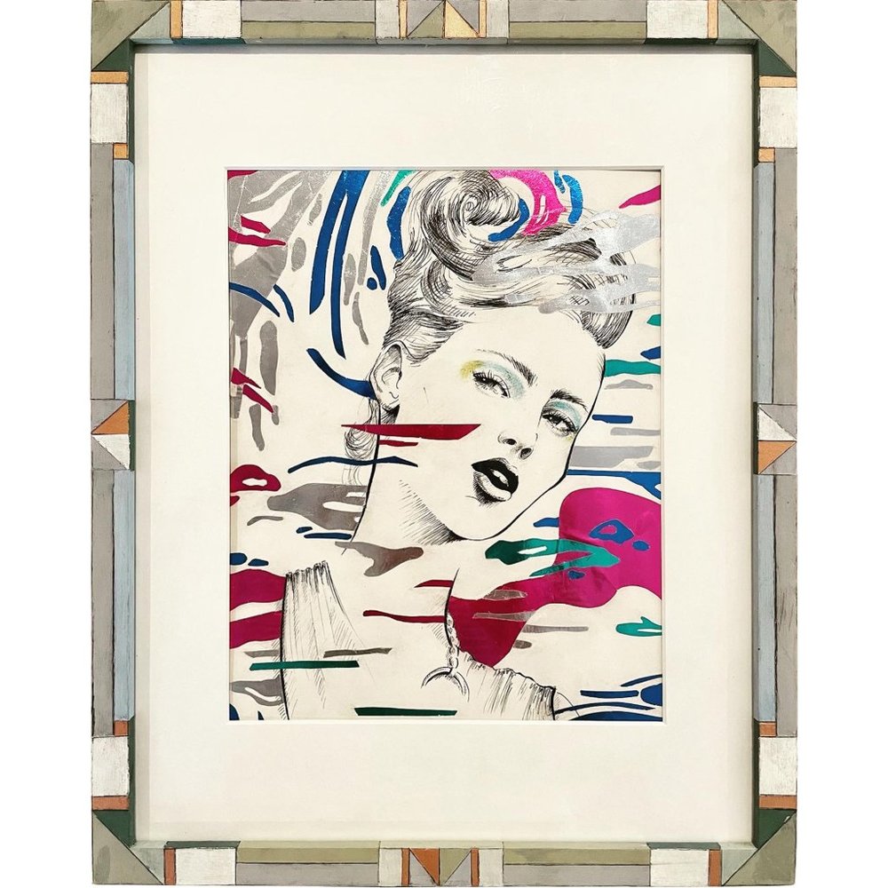 ORIGINAL FRAMED ART Metallic & Ink Graphic Illustration Drawing of Fashion Model